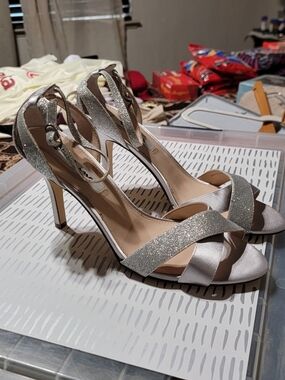 Silver Glitter Ankle-Strap Stiletto Sandals